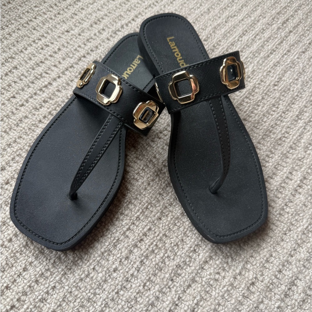 Larroude Black Thong Sandals with Gold Accents - Size 6